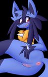 anthro anus blue_body blue_fur butt chest_tuft claws cute_fangs fangs female fur gaping gaping_anus genitals nude pink_eyes presenting presenting_hindquarters pussy simple_background smile solo teeth tuft yellow_body yellow_fur inget nintendo pokemon canid generation_4_pokemon lucario mammal pokemon_(species) 2021