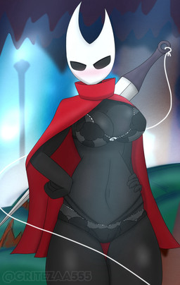 2_horns biped black_body black_eyes blush camel_toe clothing empty_eyes female fingers hand_on_hip horn melee_weapon outside red_clothing solo standing text thread underwear weapon weapon_on_back gritezaa555_(artist) hollow_knight_(franchise) team_cherry hornet_(hollow_knight) arthropod humanoid 2025 artist_name english_text hi_res
