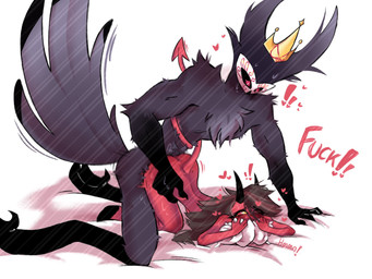 anthro anthro_on_anthro beak black_body black_feathers blush bodily_fluids brown_hair crown dialogue doggystyle duo feathers female female_penetrated from_behind_position hair headgear interspecies looking_pleasured male male/female male_penetrating male_penetrating_female mature_female mature_male muscular muscular_male nude penetration pillow red_body red_eyes sex speech_bubble sweat tail thick_thighs purple_parrot8 hellaverse helluva_boss paimon_(helluva_boss) tilla_(vivzmind) avian demon imp hi_res