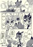 2016 ahiru621 anthro canid canine clothed clothing comic dialogue disney english_text exclamation_point eyes_closed eyewear female fox fur group judy_hopps lagomorph leporid male mammal necktie nick_wilde one_eye_closed rabbit red_fox smile speech_bubble sunglasses text true_fox young young_anthro zootopia