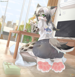 anthro anus bodily_fluids clothing curtains_open dessert eating eating_food electronics feet floor food foot_focus fur furniture green_eyes grey_body grey_fur ice_cream inner_ear_fluff looking_at_viewer male pawpads paws sitting sitting_on_ground solo sweat tail television tile tile_floor translucent translucent_clothing tuft window nrpwccold221 felid feline mammal absurd_res hi_res