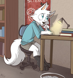 anthro biped black_clothing black_footwear black_nose black_socks blue_eyes book bookshelf bottomwear brown_bottomwear brown_clothing brown_shorts chair clothed clothing digitigrade fluffy fluffy_tail footwear fur furniture furniture_lamp grey_clothing grey_shirt grey_topwear head_tuft holding_object holding_pen inside looking_up male office_chair on_chair pen shirt shorts sitting sitting_on_chair socks solo tail topwear tuft white_body white_fur young young_anthro young_male fuf arctic_fox canid canine fox mammal true_fox 2018 hi_res