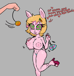 anthro bimbofication blonde_hair breasts clothing duo female footwear fur green_eyes hair high_heels hypnosis male male/female mind_control nude pendulum pink_body pink_clothing pink_footwear pink_fur pink_high_heels shoes slutty_face spiral spiral_eyes underwear milky_rivas lagomorph leporid mammal rabbit