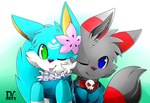 3_fingers accessory anthro blue_eyes blue_scarf cheek_to_cheek chest_tuft collar cute_fangs duo facial_markings fangs fingers flower flower_in_hair forehead_markings fur gradient_background green_background green_eyes grey_body grey_collar grey_ears grey_fur grey_hair hair hair_accessory head_markings kemono male male/male markings monotone_hair monotone_tail multicolored_body multicolored_ears multicolored_fur one_eye_closed pink_flower plant polka_dots purple_nose raised_tail red_body red_collar red_ears red_fur scarf simple_background skull_accessory skull_collar smile tail teal_body teal_ears teal_fur teal_hair teal_tail teeth tongue tongue_out tuft two_tone_body two_tone_collar two_tone_ears two_tone_fur two_tone_tail white_body white_fur white_markings devil-vox unnamed_black_and_red_character_(devil-vox) canid canine fox mammal 2014 dated digital_drawing_(artwork) digital_media_(artwork) signature