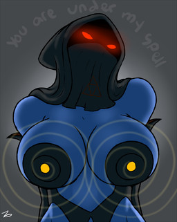 big_breasts blue_body blue_skin breasts clothing fantasy female grey_background hood hypnosis hypnotits hypnotizing_viewer looking_at_viewer magic_user mind_control nipples not_furry red_eyes shadow_face simple_background solo text tight_clothing triforce yellow_nipples conditional_dnp zp92 haa nintendo the_legend_of_zelda abriika demon demon_humanoid humanoid 2015 absurd_res digital_media_(artwork) hi_res