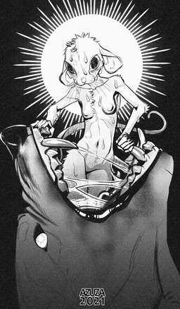 abstract_background ambiguous_gender ambiguous_pred anthro anthro_prey arm_tuft bodily_fluids chest_tuft crying duo ears_back elbow_tuft featureless_crotch female female_prey feral feral_pred front_view in_mouth navel nipples nude oral_vore partially_inside pivoted_ears side_view size_difference sweat tears text tuft vore whiskers azuza canid mammal mouse murid murine rodent 2021 artist_name dated hi_res monochrome