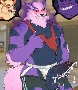 5_fingers anthro areola balls big_muscles big_pecs biped blush bodily_fluids claws countershade_torso countershading cum erection fingers genital_fluids genitals glans humanoid_genitalia humanoid_penis jock male masturbation muscular muscular_anthro muscular_male nipples open_mouth pawpads pecs penis possession smile solo tail vein veiny_muscles veiny_penis hyenaface nintendo pokemon arcanine canid canine generation_1_pokemon gengar mammal pokemon_(species) hi_res