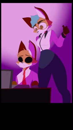 anthro blue_hair brown_eyes duo female green_eyes hair male male/female office jouh jonh_(jouh) sunny_(jouh) canid canine fox humanoid mammal 9:16 animated short_playtime sound video