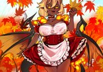 autumn big_breasts blonde_hair breasts brown_horn choker clothed clothing dark_body dark_skin dress eyelashes female fire flaming_hair flaming_tail hair holding_leaf horn huge_breasts humanoid_pointy_ears jewelry leaf looking_at_viewer membrane_(anatomy) membranous_wings monster_girl_(genre) necklace open_mouth open_smile orange_eyes orange_wings pointy_ears pseudo_hair pupils red_clothing red_dress slit_pupils smile solo tail thick_thighs white_clothing white_dress wide_hips wings lionrion monster_girl_encyclopedia pyrow_(mge) demon demon_humanoid horned_humanoid humanoid tailed_humanoid winged_humanoid absurd_res hi_res