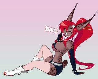 accessory anthro belt big_breasts bikini bikini_top boots bottomwear breasts brown_body chest_tuft clothing cosplay eyebrows eyelashes female finger_gun flame_bikini flame_pattern footwear gesture hair hair_accessory hair_sticks hand_gesture inner_ear_fluff legwear markings one_eye_closed ponytail red_hair scarf shoes shorts side_boob sitting smile solo spots spotted_body swimwear thigh_highs tuft two-piece_swimsuit wink yellow_eyes scorpdk tengen_toppa_gurren_lagann mara_(scorpdk) yoko_littner felid feline lynx mammal 2026 hi_res
