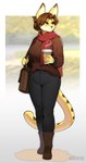 anthro beverage big_breasts big_ears black_clothing boots bottomwear breasts brown_eyes brown_hair carrying_bag cheek_tuft clothed clothing coffee coffee_cup container cup facial_tuft female footwear fully_clothed fur hair holding_object huge_breasts looking_away messenger_bag pants scarf shoes short_hair simple_background smile solo spots steam sweater tail thick_thighs tied_hair topwear tuft yellow_body yellow_fur 00niine felid feline felis mammal serval 2024 digital_media_(artwork) hi_res