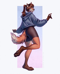 anthro barefoot blue_clothing blue_eyes blue_topwear bottomwear brown_bottomwear brown_clothing brown_hair brown_pawpads brown_shorts clothed clothing eyelashes feet female female_anthro fur hair looking_at_viewer mouth_closed orange_body orange_fur orange_tail pawpads shorts simple_background solo standing tail text topwear white_tail marie_merkh canid canine fox mammal absurd_res artist_name full-length_portrait hi_res portrait