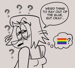 anthro blush dialogue eyebrows female humor lgbt_pride pride_colors question_mark rainbow_flag rainbow_pride_flag rainbow_symbol raised_eyebrow solo text galactabee nikki_(galactabee) canid canine canis domestic_dog mammal 2024 black_and_white english_text hi_res monochrome