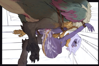 abdominal_bulge anthro anthro_on_feral anthro_penetrated arms_tied barn bdsm belly_riding bestiality bodily_fluids bondage bound breasts claws crying cuff_(restraint) cum cum_from_vagina cum_in_vagina cum_inflation cum_inside cum_through feathers female female_penetrated feral feral_penetrating feral_penetrating_anthro forced genital_fluids genitals huge_penetration inflation knot knotted_penis knotting legs_tied male male/female male_penetrating male_penetrating_female penetration penile penile_penetration penis penis_in_vagina purple_body rape red_eyes restraints ridged_knotted_penis ridged_penis sex small_breasts tears vaginal vaginal_penetration vulva anonymous_artist capcom final_fantasy final_fantasy_xiv monster_hunter mythology square_enix nael_deus_darnus bird_wyvern dragon mythological_creature mythological_scalie scalie seikret absurd_res hi_res