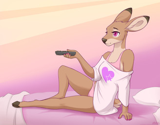 anthro bed biped bottomless bra brown_body brown_fur clothed clothing cloven_hooves countershading ears_back female fur furniture heart_symbol holding_object hooves multicolored_body multicolored_fur off_shoulder on_bed panties pillow pink_bra pink_clothing pink_eyes pink_panties pink_underwear pivoted_ears shirt sitting solo tan_body tan_fur text topwear training_bra two_tone_body two_tone_fur underwear unguligrade y2k_(fashion) loimu loimu_(character) deer mammal 2019 digital_media_(artwork) hi_res