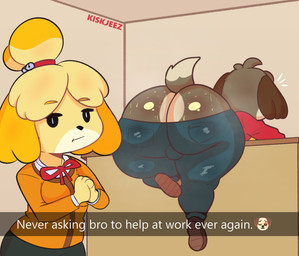 anthro big_butt biped bodily_fluids brown_body bulge bulge_from_behind butt clothed clothing duo female female_anthro freckled_butt freckles fur hair male male_anthro musk musky_butt sweat sweaty_butt tail text thick_thighs wide_hips yellow_body yellow_fur kiskjeez animal_crossing nintendo digby_(animal_crossing) isabelle_(animal_crossing) canid canine canis domestic_dog mammal shih_tzu toy_dog english_text hi_res brother_(lore) brother_and_sister_(lore) sibling_(lore) sister_(lore) twins_(lore)