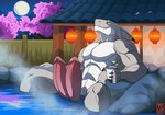 2_penises anthro big_penis claws diphallism eyes_closed genitals horizontal_diphallism hot_spring male multi_genitalia multi_penis muscular onsen partially_submerged penis smile solo water felixfellow diverzard fish marine shark hi_res