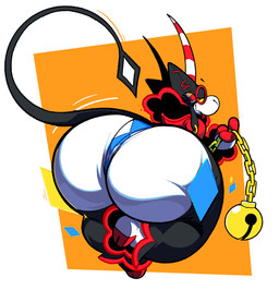anthro bell big_butt black_body black_clothing black_fur bottom_heavy bottomwear butt chain clothing eyewear fingers fur goggles hat headgear headwear hooved_fingers hooves horn huge_butt male pants presenting presenting_hindquarters red_tongue smile smiling_at_viewer smug snout solo tail teasing teasing_viewer tongue tongue_out topwear white_body white_clothing wool_(fur) yellow_eyes boot_(artist) rhombos bovid caprine mammal sheep 2026 colored hi_res shaded