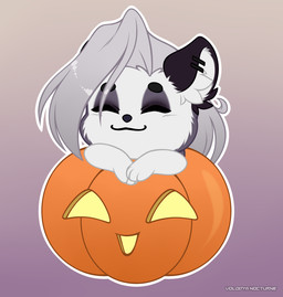 anthro big_ears chibi ear_piercing ear_ring embarrassed eyes_closed female food fruit hair jack-o'-lantern long_hair magic piercing plant pumpkin ring_piercing smile solo white_hair volodyanocturne hellaverse helluva_boss loona_(helluva_boss) canid canine canis mammal wolf hi_res