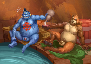 alcohol anthro balls bath bathroom belly beverage big_balls big_belly duo flaccid foreskin genitals male male/male moobs navel nipples nude overweight overweight_male penis sake sitting tattoo tongue tongue_out wet wet_body gratatator lifewonders one_piece tokyo_afterschool_summoners gyobu_(tas) jinbe aquatic canid canine fish-men_(one_piece) mammal raccoon_dog tanuki