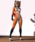 anthro areola biped black_nose blonde_hair breasts clothed clothing feet female footwear genitals gloves_(marking) hair high_heels leg_markings legwear locks looking_at_viewer markings mule_heels nipples partially_clothed pubes pussy red_tail shadow shoes slim smile socks_(marking) solo tail toes vic34677 canid canine fox mammal red_fox true_fox foxy_(disambiguation) 3d_(artwork) digital_media_(artwork)