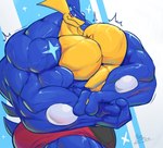 abs anthro biceps big_muscles blue_body bottomwear clothing flexing huge_muscles hyper hyper_muscles looking_at_viewer male muscular muscular_anthro muscular_male pecs pink_eyes scar solo vein veiny_muscles unusualboo54 nintendo pokemon zen_(unusualboo54) amphibian frog generation_6_pokemon greninja pokemon_(species) absurd_res hi_res