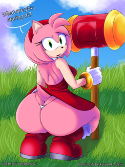accessory anthro big_butt boots bracelet butt clothing cloud cloudy_sky dialogue dress eyelashes female footwear fur gloves grass green_eyes hair_accessory hairband hammer handwear jewelry looking_back pink_body pink_fur plant shoes sky solo speech_bubble tail tan_body tan_skin thong tools underwear 1lastshadow1 third-party_edit sega sonic_the_hedgehog_(series) amy_rose eulipotyphlan hedgehog mammal 3:4 absurd_res colored hi_res