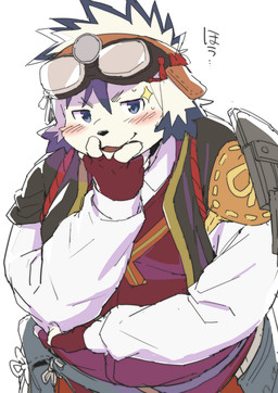 anthro blue_eyes blush eyewear eyewear_on_head floppy_ears fur goggles goggles_on_head looking_at_viewer male slightly_chubby solo white_body white_fur konbu tamacolle tajima_(tamacolle) canid canine canis domestic_dog mammal
