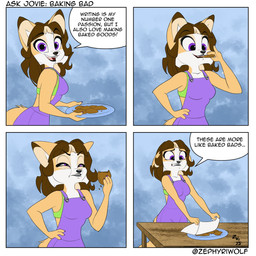 4_panel_comic anthro brown_hair clothing cookie crop_top dialogue ears_back fangs female food fur hair half-closed_eyes humor multicolored_body multicolored_fur narrowed_eyes open_mouth open_smile overalls pivoted_ears shirt simple_background smile solo speech_bubble tan_body tan_fur tan_highlights teeth text topwear two_tone_body two_tone_fur white_body white_fur wide_eyed zephyriwolf canid canine fox mammal 1:1 comic english_text hi_res
