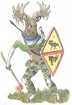 anthro antlers axe belt bottomwear brown_body bullet_hole camo camo_bottomwear camo_clothing camo_pants camo_print canteen clothing fingers gloves_(marking) gun hooved_fingers hooved_hands hooves horn improvised_shield male markings pants pattern_bottomwear pattern_clothing pattern_pants ranged_weapon rifle shield solo traffic_sign weapon bjekkergauken avian bird deer falcon falconid mammal moose new_world_deer 2022 absurd_res hi_res