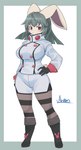 anthro blush boots breasts brown_body brown_fur clothing female footwear fur hair hand_on_hip pattern_clothing red_eyes shoes simple_background solo striped_clothing stripes arumo lagomorph leporid mammal rabbit 2021 absurd_res hi_res