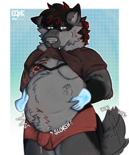 abdominal_bulge ambiguous_gender anthro belly belly_squish biped black_body black_fur black_hair blue_background blue_eyes blush blush_lines bodily_fluids border briefs bulge clothing detailed_bulge disembodied_hand dotted_background duo facial_markings featureless_chest fur genital_fluids genital_outline ghost_hand green_eyes grey_body grey_fur hair hand_imprint hands_behind_head head_markings heterochromia highlights_(coloring) imprint leaking_precum looking_down looking_down_at_belly looking_down_at_self male male/ambiguous male_anthro male_focus markings mask_(marking) moobs navel obese obese_anthro obese_male overweight overweight_anthro overweight_male pantsless_anthro pantsless_male pattern_background penis_outline precum precum_through_clothing precum_through_underwear raised_t-shirt red_briefs red_clothing red_highlights red_markings red_underwear simple_background solo_focus squish tail tail_motion tailwag underwear vore wet wet_clothing white_border eliaslynxie z3r0_(z3r01cz) canid canine canis mammal wolf hi_res