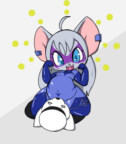 abstract_background ahoge ambiguous_gender anthro belly blue_eyes bodysuit breasts clothing domino_mask duo ear_piercing eyemask eyewear facesitting female flexing fur grey_body grey_fur grey_hair hair mask nipple_outline open_mouth piercing shortstack sitting sitting_on_another skinsuit smile tight_clothing tongue tongue_out vono booty_mouse_(woory) canid canine ghost mammal mouse murid murine rodent spirit