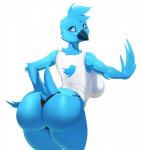 anthro beak big_butt black_beak blue_body blue_eyes blue_feathers breasts butt butt_pose clothed clothing eyelashes feathers female lingerie looking_back non-mammal_breasts pose presenting presenting_hindquarters rear_view shirt side_boob simple_background skimpy smile solo topwear twitter_logo underwear white_background wide_hips sal-sal twitter tweetfur avian bird 2019 digital_media_(artwork) meme pinup