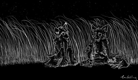 4_fingers 4_toes anthro arm_tuft black_arms black_body black_fur black_hair black_paws curled_tail digitigrade dipstick_tail dirt duo ear_tuft eye_contact facial_tuft feet female fingers floppy_ears fur grass hair hand_on_tail leg_grab looking_at_another male markings night open_mouth outside paws plant pupils relaxing scenery sitting sitting_together small_pupils smile tail tail_markings tall_grass toes tuft touchworse blavoid voida canid canine canis mammal wolf absurd_res digital_media_(artwork) hi_res monochrome