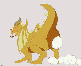 annoyed bodily_fluids egg egg_in_vagina female feral genital_fluids looking_back open_mouth oviposition raised_tail rear_view solo sweat tail vaginal vaginal_fluids brick_break_after_dark mythology dragon mythological_creature mythological_scalie scalie hi_res