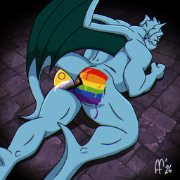 blue_body bodypaint butt lgbt_pride male nude_male painted_butt pride_colors solo tail wings fabfelipe disney gargoyles broadway_(gargoyles) gargoyle humanoid 2026 digital_drawing_(artwork) digital_media_(artwork) hi_res