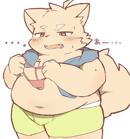 anthro belly blush briefs bulge clothing embarrassed kemono male navel overweight solo standing thong towel underwear kyo_mas06 domestic_cat felid feline felis mammal