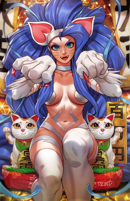 abstract_background bell big_hands blue_hair breasts claws clothing coin collarbone convenient_censorship cute_fangs detailed_background eyebrows fangs female flowing_hair front_view fur gold_bell green_clothing grin hair huge_hair huge_hands light_body light_skin long_hair looking_at_viewer markings medial navel nude open_mouth pillow raised_hands raised_knee red_claws sculpture sign sitting smile solo statue straight_hair teal_eyes teeth text thick_eyebrows tongue ventral_groove whisker_markings white_body white_fur wide_hips derrickchewart capcom darkstalkers maneki-neko felicia_(darkstalkers) animal_humanoid felid felid_humanoid feline feline_humanoid humanoid mammal mammal_humanoid 2023 hi_res japanese_text portrait shaded signature soft_shading three-quarter_portrait