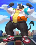 5_fingers anthro black_body black_bottomwear black_clothing black_fur black_hair black_pants blue_sky bottomwear city cityscape clothing cloud detailed_background fingers flexing flexing_bicep flexing_both_biceps footwear fur grass hair hoodie jacket macro male multicolored_clothing multicolored_jacket multicolored_topwear overweight overweight_anthro overweight_male pants plant shoes sky sneakers solo street topwear tree yellow_clothing yellow_hoodie yellow_topwear adios nike carlos_(burropaleta) asinus donkey equid equine mammal 2023 hi_res