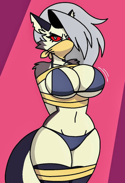 alternative_fashion angry anthro bdsm big_breasts bikini blue_bikini blue_clothing blue_swimwear bondage bound breasts captured cloth_gag clothing curvy_figure ear_piercing female fur gag gagged goth grey_body grey_fur grey_hair hair legwear makeup piercing red_eyes solo swimwear tail tape tape_bondage thick_thighs thigh_highs two-piece_swimsuit white_body white_fur wide_hips jaxattax hellaverse helluva_boss mythology loona_(helluva_boss) canid canid_demon canine demon hellhound mammal mythological_canine mythological_creature hi_res
