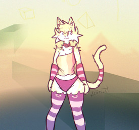 abstract_background anthro arm_warmers armwear breasts bright_background choker clothing crop_top female furgonomics jewelry legwear looking_at_viewer necklace panties pattern_armwear pattern_clothing pattern_legwear shirt single_strap_shirt smile smiling_at_viewer solo striped_armwear striped_clothing striped_legwear stripes tail tail_clothing tail_warmer thigh_highs topwear underwear frolick domestic_cat felid feline felis mammal absurd_res hi_res