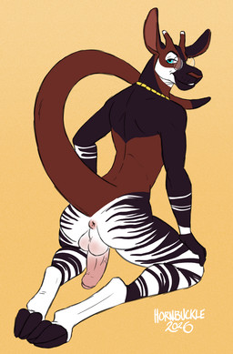 anthro anus backsack balls blue_eyes brown_body brown_fur butt eyewear foreskin fur genitals glasses hooves horn humanoid_genitalia humanoid_penis jewelry looking_at_viewer male necklace ossicone penis raised_tail solo striped_butt stripes tail hornbuckle raul_(tenpoundhammer) giraffid hybrid kangaroo macropod mammal marsupial okapi hi_res