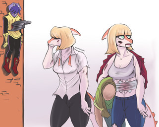anthro axe bandage blonde_hair blood bodily_fluids breasts cleavage clothed clothing female green_eyes hair impalement looking_back male melee_weapon purple_body purple_hair torn_clothing weapon deadassspider cavemanon_studios goodbye_volcano_high i_wani_hug_that_gator ko_op_(game_developer) snoot_game anon_(snoot_game) mia_moretti naomi_(gvh) trish_(gvh) ceratopsian ceratopsid chasmosaurine dinosaur hadrosaurid human mammal marginocephalian ornithischian ornithopod parasaurolophus prehistoric_species reptile scalie triceratops
