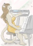 anthro breasts brown_hair clothed clothing cougar dipstick_tail dress felid feline female fur hair herm_(lore) keyboard_instrument lyle_catamount mammal markings multicolored_tail musical_instrument musical_note open_mouth piano sethtriggs solo tail tail_markings yellow_eyes