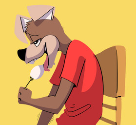 ahegao anthro bodily_fluids chair clothed clothing cutlery drooling eating egg floppy_ears folded_ears fork furniture kitchen_utensils looking_pleasured male red_clothing red_shirt red_t-shirt red_topwear saliva shirt side_view simple_background snout solo t-shirt teeth tongue tools topwear yellow_background komdog kom_(komdog) canid canine canis domestic_dog mammal absurd_res hi_res warm_colors