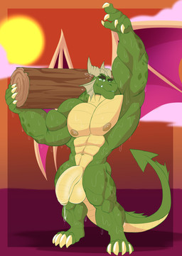abs anthro balls biceps big_muscles bodily_fluids claws countershade_torso countershading dripping eyebrows flaccid frill_(anatomy) genital_fluids genitals green_body green_eyes holding_object horn log looking_at_viewer male multicolored_body muscular muscular_anthro muscular_male nipples nude outside pecs penis pose precum precum_drip raised_arm scales smile solo standing sun sweat sweatdrop sweaty_body thick_eyebrows two_tone_body ventral_scales wings wood yellow_body yellow_countershading arcwuff activision mythology spyro_reignited_trilogy spyro_the_dragon nestor_(spyro) rescued_dragons_(spyro) dragon mythological_creature mythological_scalie scalie absurd_res full-length_portrait hi_res pinup portrait