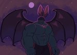 anthro bat_wings big_ears black_bottomwear black_clothing black_pants bottomwear clothing fur grey_body grey_fur hair hair_over_eyes male membrane_(anatomy) membranous_wings moon muscular muscular_anthro muscular_male night pants rim_light solo wings jasperthecrab bat mammal hi_res