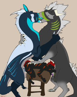 anal anthro anthro_on_feral anthro_penetrated balls bestiality breeding_mount extreme_size_difference fellatio feral feral_penetrating feral_penetrating_anthro french_kissing genitals group kissing male male/male oral penetration penile sex side_view size_difference smile spitroast spitroast_kiss tongue tongue_out trio chakat-silverpaws canid canine felkin mammal 4:5 hi_res