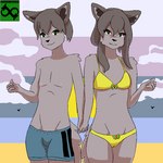 4_fingers 8-bit anthro bikini bikini_bottom bikini_top clothing female fingers fur green_eyes grey_body grey_fur grey_hair hair hand_holding horizon logo male sea sky swimwear two-piece_swimsuit water yellow_bikini_bottom yellow_bikini_top yellow_clothing yellow_swimwear awooboros alex_(awooboros) lexi_(awooboros) canid canine felid feline hybrid mammal 1:1 artist_logo artist_name digital_media_(artwork) pixel_(artwork) signature brother_(lore) sibling_(lore) sister_(lore) twins_(lore)